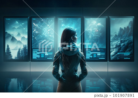 Futuristic girl astronaut on a spaceship looks into the monitors of a quantum computer. Neural network AI generated 101907891
