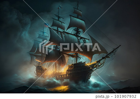 Sailing old ship in storm sea on the background clouds with lightning. Neural network AI generated art 101907932