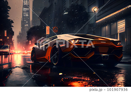 Sports car on the road against the backdrop of a modern city. Neural network AI generated art 101907936