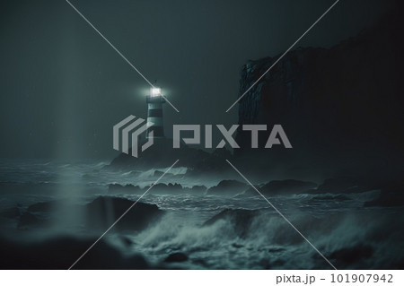 Lighthouse in a stormy sea. Neural network AI...のイラスト素材 [101907942] - PIXTA
