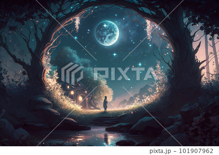 Magic fairy tale night fantasy landscape with girl silhouette. Neural network AI generated art 101907962