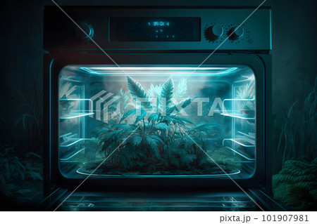 Growing marijuana cannabis leafs in open kitchen oven. Neural network AI generated art Growing marijuana cannabis leafs in open kitchen oven. Neural network AI generated art 101907981