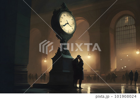 Interior view of the vintage train station with a couple of people. Neural network AI generated art 101908024