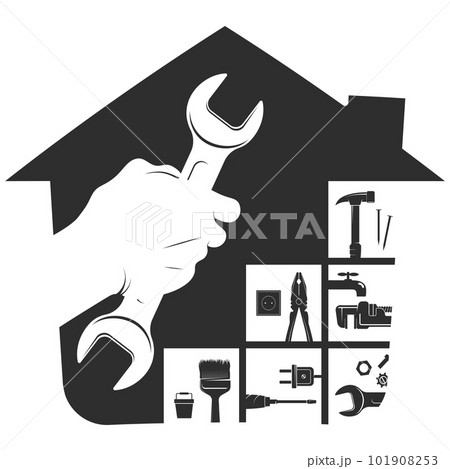 Wrench in hand repair and service symbol Wrench in hand repair and service symbol 101908253