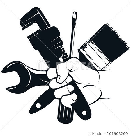 Wrench in hand screwdriver brush, repair and service sign Wrench in hand screwdriver brush, repair and service sign 101908260