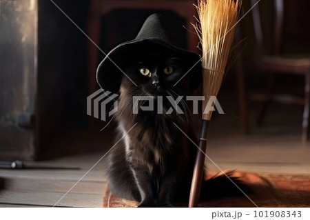 Magic black cat in hat is sitting next to magical broom. Generative AI 101908343