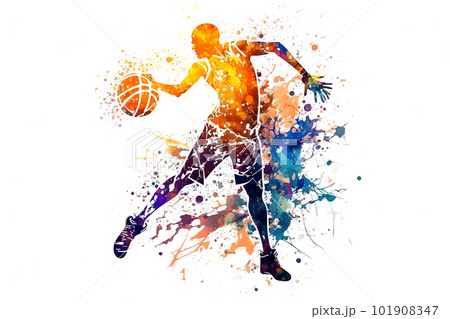 Basketball watercolor splash player in action with a ball isolated on white background. Neural network AI generated art 101908347