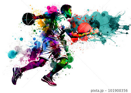 Basketball watercolor splash player in action with a ball isolated on white background. Neural network AI generated art 101908356