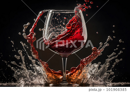 Glass with splash of red wine on black background. Neural network AI generated art 101908385