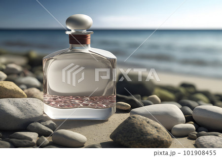 A glass bottle of perfume standing on a sea. Neural network AI generated art 101908455