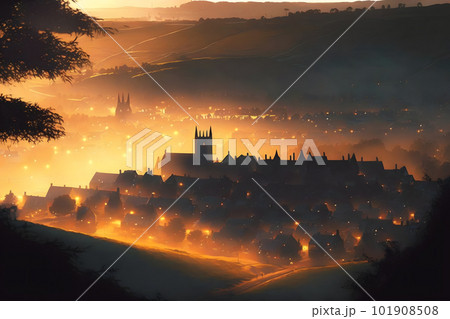 sunrise in old european city landscape. Neural network AI generated art 101908508