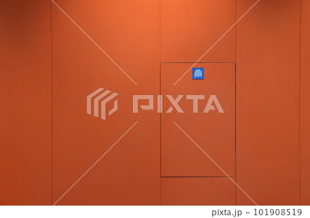 Fire hose cabinet, Fire equipment box, walkway area in modern building, minimal design. 101908519