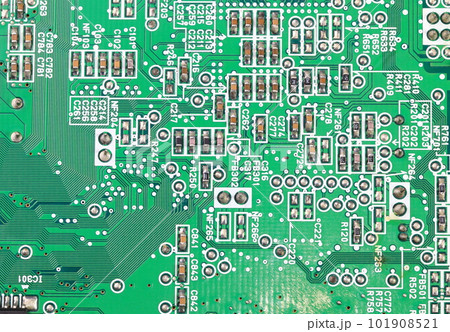 Computer printed circuit board with electronic components. Circuit board. Electronic computer hardware technology. Tech science background. Integrated communication processor. Information engineering Computer printed circuit board with electronic components. Circuit board. Electronic computer hardware technology. Tech science background. Integrated communication processor. Information engineering 101908521