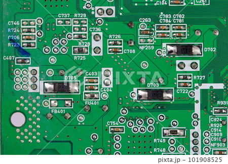 Computer printed circuit board with electronic components. Circuit board. Electronic computer hardware technology. Tech science background. Integrated communication processor. Information engineering Computer printed circuit board with electronic components. Circuit board. Electronic computer hardware technology. Tech science background. Integrated communication processor. Information engineering 101908525