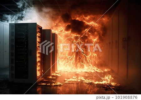 Disaster in server room or data center storage room on fire burning. Neural network AI generated art 101908876
