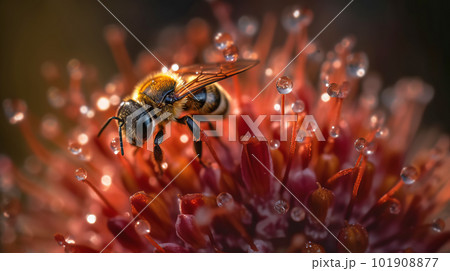 A bee on red flower collects pollen. Generative AI illustration 101908877