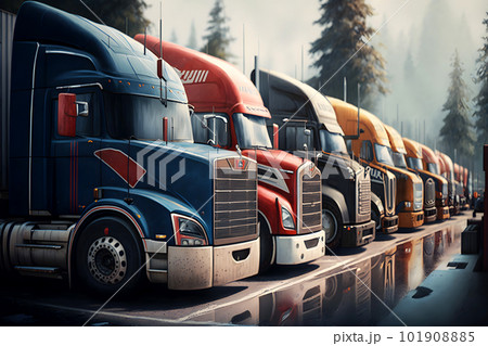 Semi Trailer Trucks on Parking lot. Delivery Trucks for Cargo Shipping. Lorry Industry Freight Truck Logistics Transport. Neural network AI generated art 101908885