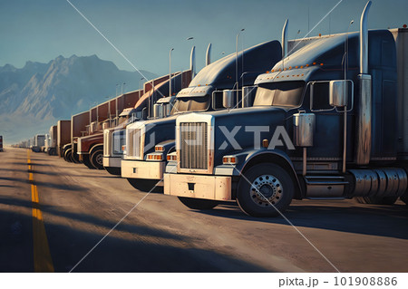 Semi Trailer Trucks on Parking lot. Delivery Trucks for Cargo Shipping. Lorry Industry Freight Truck Logistics Transport. Neural network AI generated art 101908886