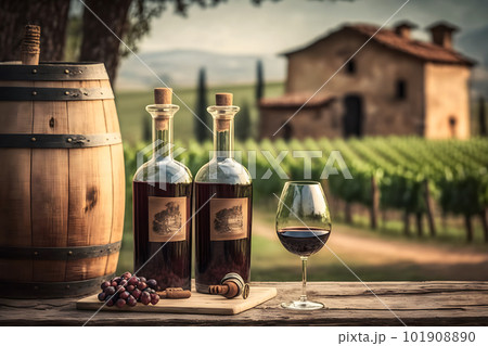 Red wine tasting in the wine cellar, wineglass and bottles next to the window. Neural network AI generated art 101908890