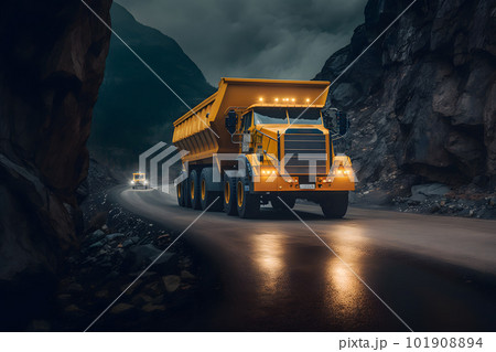 Open pit mine, extractive industry for coal. Big yellow mining truck machinery for coal quarry. Neural network AI generated art 101908894