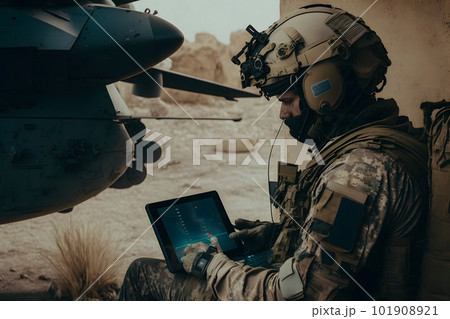 Soldiers are Using Drone for Scouting During Military Operation in the Desert. Neural network AI generated art 101908921