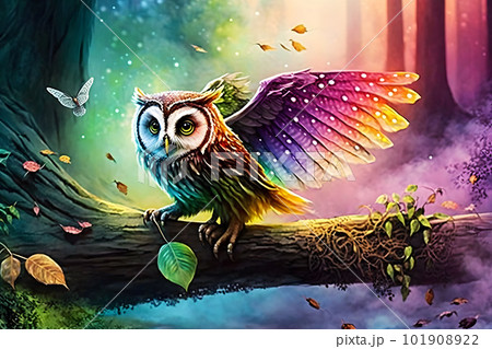 European eagle owl with big wings in multicolor epic style. Neural network AI generated art 101908922