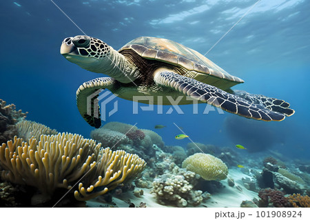 Maldivian Sea Turtle Floating Up And Over Coral reef with beautiful colorful background. Neural network AI generated art Maldivian Sea Turtle Floating Up And Over Coral reef with beautiful colorful background. Neural network AI generated art 101908924