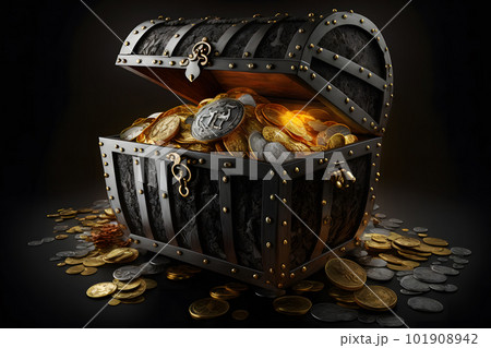 Open treasure chest filled with golden coins, gold - Stock Illustration  [61303996] - PIXTA