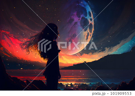 Abstract mystical woman silhouette against fairytale night epic sky in blue and orange tones. Neural network AI generated art Abstract mystical woman silhouette against fairytale night epic sky in blue and orange tones. Neural network AI generated art 101909553