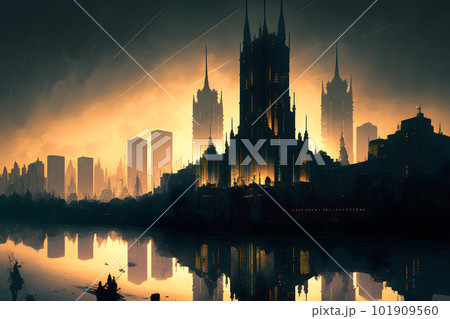 Urban cityscape on water being backlit by a glowing eclipse. Neural network AI generated art 101909560