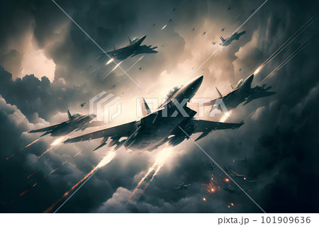 Formation of destroyer jets float in sky during aviation battle. Neural network AI generated art Formation of destroyer jets float in sky during aviation battle. Neural network AI generated art 101909636