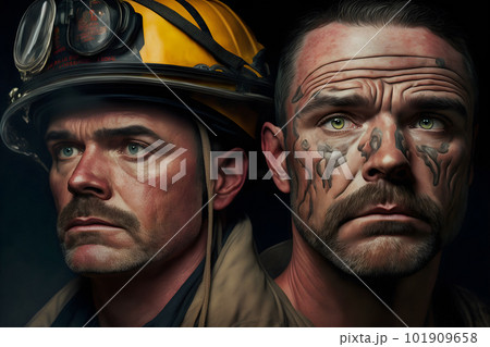 Portrait of firefighters dirty faces in special helmets and firefighters uniforms. Neural network AI generated art Portrait of firefighters dirty faces in special helmets and firefighters uniforms. Neural network AI generated art 101909658