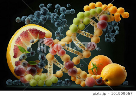 GMO food and Genetically modified crops or engineered agriculture concepts fruit and vegetables. Neural network AI generated art GMO food and Genetically modified crops or engineered agriculture concepts fruit and vegetables. Neural network AI generated art 101909667
