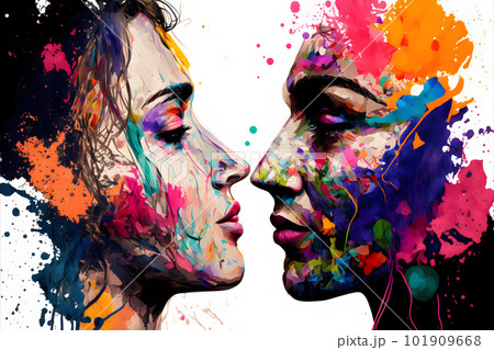 Young couple in love silhouette with watercolor paint splashes. Valentine's day concept. Neural network AI generated art Young couple in love silhouette with watercolor paint splashes. Valentine's day concept. Neural network AI generated art 101909668