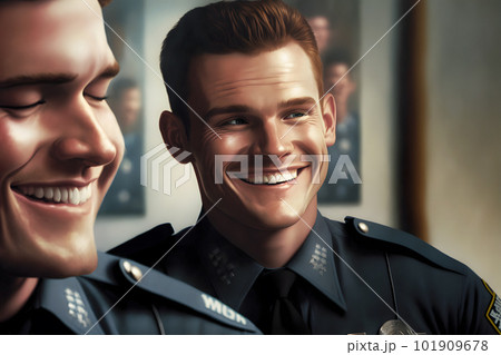 Vintage portraits of male police workers in classical police uniforms in department interior. Neural network AI generated art 101909678