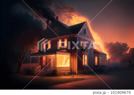 Residental building on fire accident in nighttime. Neural network AI generated art 101909679