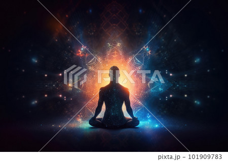 Body silhouette in lotus pose against cosmic background. Generative AI 101909783