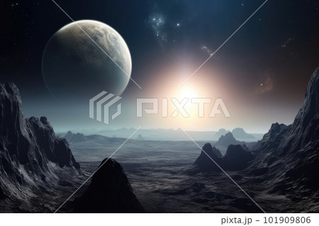 Surface of unknown planet with craters and mountains. Generative AI Surface of unknown planet with craters and mountains. Generative AI 101909806