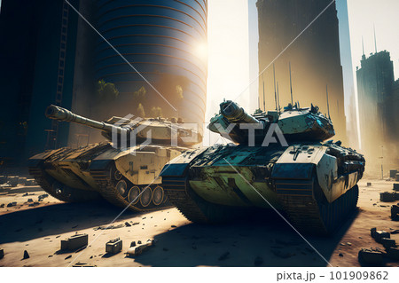 Modern futuristic battle tank with turret and cannon in city center. Neural network AI generated art 101909862