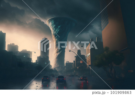 Tornado storm in city center with dark sky and bad weather. Neural network AI generated art 101909863