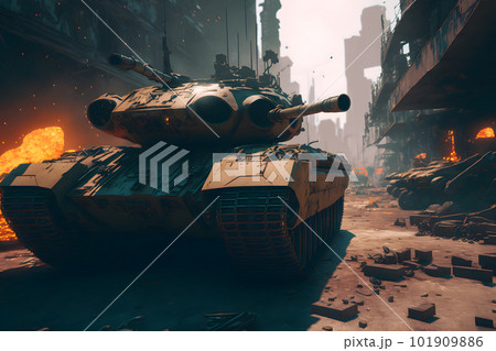 Modern futuristic battle tank with turret and cannon in city center. Neural network AI generated art 101909886