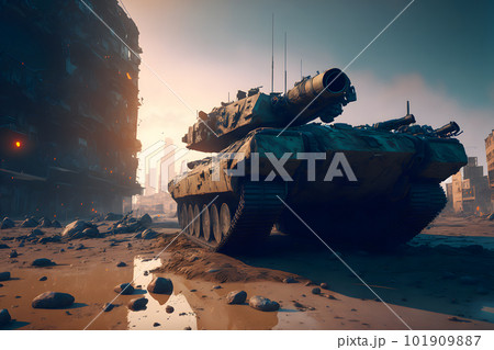 Modern futuristic battle tank with turret and cannon in city center. Neural network AI generated art 101909887