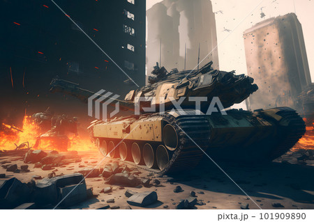 Modern futuristic battle tank with turret and cannon in city center. Neural network AI generated art 101909890