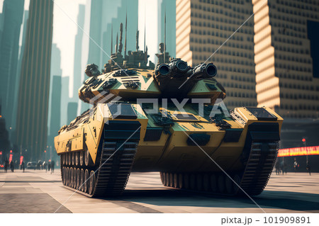 Modern futuristic battle tank with turret and cannon in city center. Neural network AI generated art 101909891