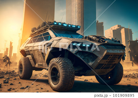 Modern futuristic off-road SUV car with turret in city center. Neural network AI generated art 101909895