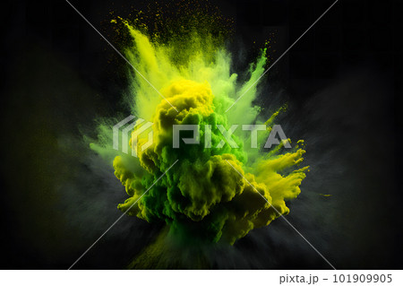 Explosion of green and yellow color paint powder on black background. Neural network AI generated art 101909905
