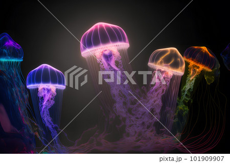 Group of clear glowing neon color light jelly fish in deep dark water. Neural network AI generated art Group of clear glowing neon color light jelly fish in deep dark water. Neural network AI generated art 101909907