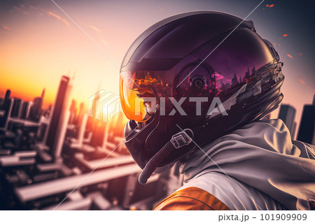 Modern futuristic destroyer jet pilot in helmet. Neural network AI generated art 101909909