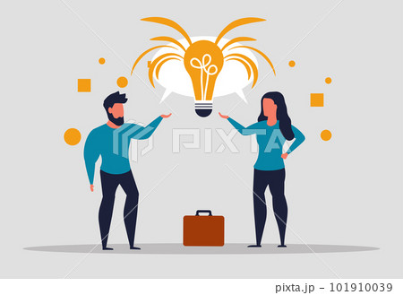A general idea in a business discussion of a company or team. Brainstorming people and effective solution idea. Man and woman talk about business together. Vector illustration A general idea in a business discussion of a company or team. Brainstorming people and effective solution idea. Man and woman talk about business together. Vector illustration 101910039