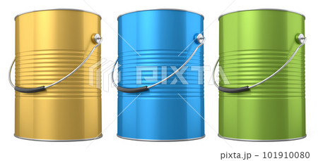 Set of metal cans or buckets of paint with handle on white background. 101910080